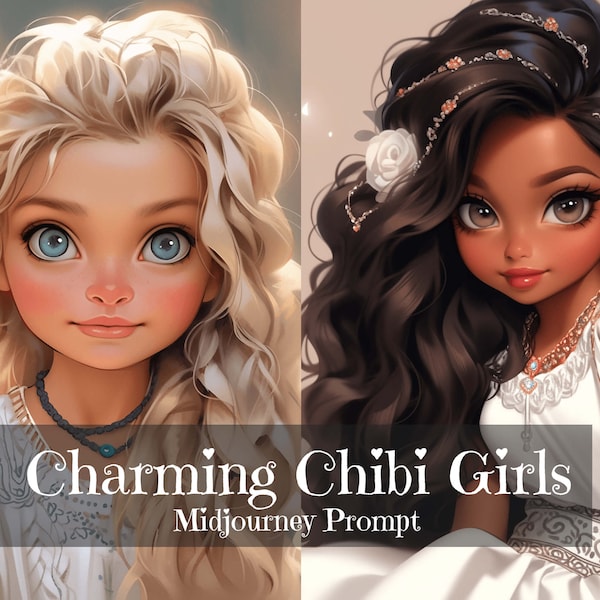 Charming Chibi Girls Midjourney Prompt, Little Kawaii Dolls with Big Eyes, Super Customizable, Cute Digital Dolls,  AI Art, Best Midjourney