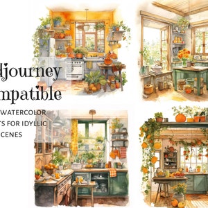 Midjourney prompt, Watercolor Illustrations, Rural Kitchen and Garden Prompt, Midjourney Compatible