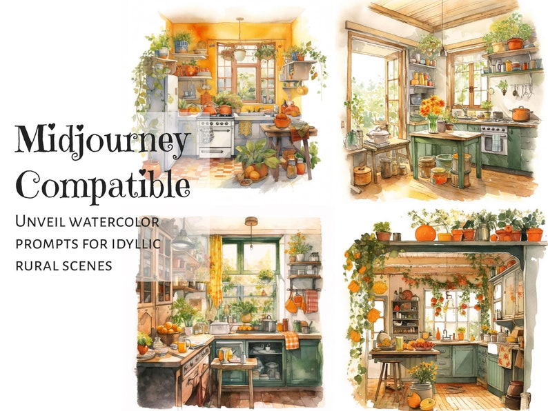 Midjourney prompt, Watercolor Illustrations, Rural Kitchen and Garden Prompt, Midjourney Compatible