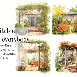 Midjourney prompt, Watercolor Illustrations, Rural Kitchen and Garden Prompt, Suitable for everybody