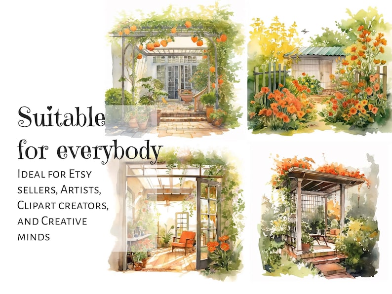 Midjourney prompt, Watercolor Illustrations, Rural Kitchen and Garden Prompt, Suitable for everybody