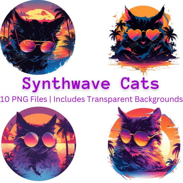 Synthwave Style Cat Digital Art Collection | High-Resolution PNG Images | Removed Backgrounds | Digital Download