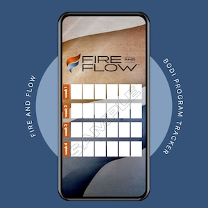 May include: A digital phone screen displaying a workout tracker for the "Fire and Flow" program. The tracker is divided into four weeks, with each week having multiple days for workouts. The tracker is on a background of abstract shapes in shades of brown, gray, and blue.