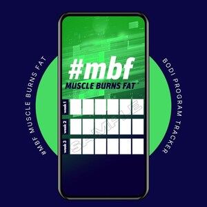 May include: A green and black phone screen with a white grid and the text "#mbf MUSCLE BURNS FAT" and "#mbf MUSCLE BURNS FAT". The phone screen is surrounded by a green circle with the text "#MBF MUSCLE BURNS FAT" and a green circle with the text "BODI PROGRAM TRACKER".