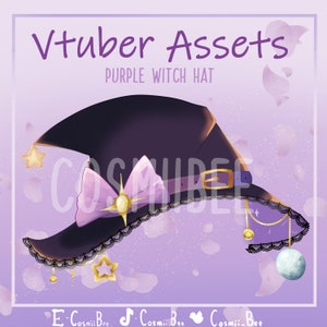 May include: Purple witch hat with a pink bow, gold stars, and a black lace trim. The hat has a gold buckle and a dangling gold chain with a pearl-like charm.