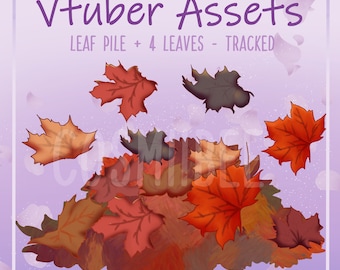 May include: A pile of autumn leaves in various shades of brown, orange, and red. Four individual leaves are falling from the top of the image. The text "Vtuber Assets LEAF PILE + 4 LEAVES - TRACKED" is at the top of the image.