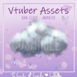 Peut inclure: Nuage de pluie animé sur un fond violet avec des paillettes blanches. Le nuage est gris avec un sommet blanc et le texte "COSMIIBEE" est visible au centre du nuage. Le texte "Vtuber Assets" est en haut de l'image et le texte "RAIN CLOUD - ANIMATED" est en dessous.