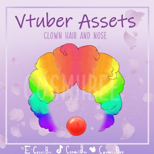 Puede incluir: Pelo de payaso de color arcoíris con una nariz de payaso roja. El pelo está peinado en forma de nube esponjosa. El texto "Vtuber Assets" y "Clown Hair and Nose" está en la parte superior de la imagen.
