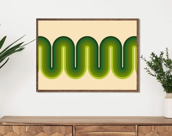 Peut inclure: Une affiche encadrée avec un design rétro. L'œuvre d'art présente un motif ondulé répétitif dans des tons de vert sur un fond crème. L'impression est encadrée dans un cadre en bois marron, idéale pour la décoration murale, environ 60 cm x 40 cm.