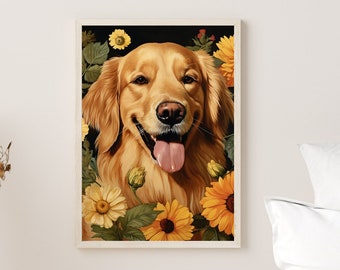 May include: A framed wall art print featuring a golden retriever dog with its tongue out, surrounded by yellow sunflowers and green leaves against a dark background. The artwork is displayed in a light-colored frame on a neutral wall.