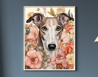 Botanical Greyhound Art Print - Floral Greyhound Art Print