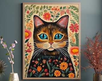 Vibrant Folk Art Floral Cat Art Print