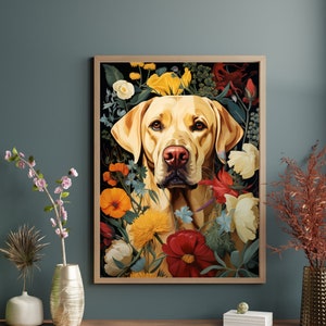 Botanical Yellow Lab Art Print - Floral Yellow Lab Art Print