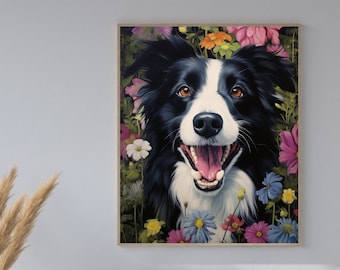 Botanical Purple and Blue Border Collie Art Print - Floral Border Collie Art Print