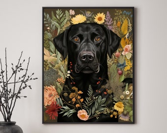 Botanical Black Lab Art Print - Floral Black Lab Art Print