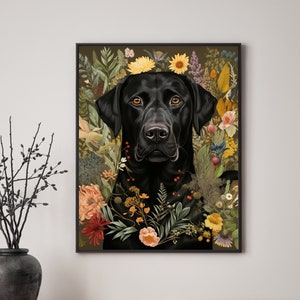 Botanical Black Lab Art Print - Floral Black Lab Art Print