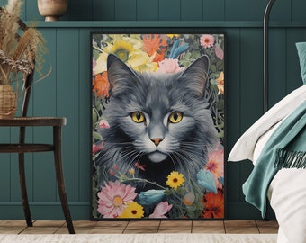 Botanical Gray Cat Art Print - Floral Grey Cat Art Print