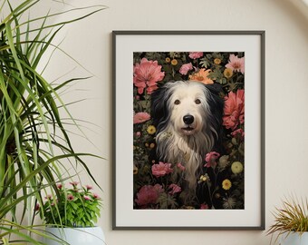 Botanical Sheepdog Art Print - Floral Sheepdog Art Print