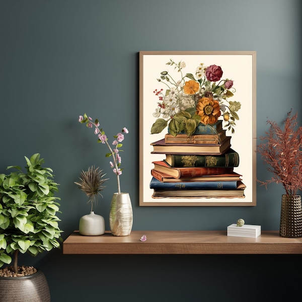 Botanical Vintage Book Stack Art Print - Reading Art Print