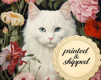 May include: A long-haired white cat with blue eyes surrounded by a variety of colorful flowers including pink dahlias and red poppies on a black background. A circular scalloped beige label with the black text printed & shipped is overlaid.