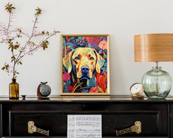 Retro Pop Style Yellow Lab Art Print - Colorful Floral Yellow Lab Art Print