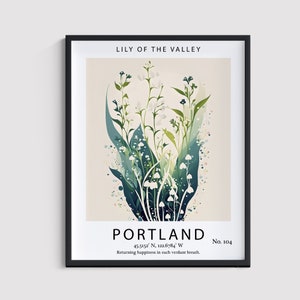 Lily of the Valley May Flower Art Print Decor for Living Room Wall Art | Portland Travel Poster | Modern Botanical Illustration | Birthday