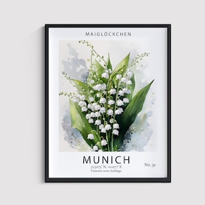 Lily of the Valley May Birth Flower Watercolor Art Print Decor Wall Art Print for Living Room Wall Art | Munich Travel Poster | Gift for Mom