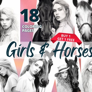 Girls and Horses 18 Coloring Pages for adults - Coloring Book Digital Print