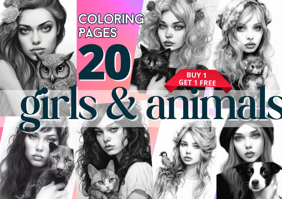 Girls and Animals 20 Coloring Pages for Adults Coloring Book Digital ...