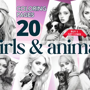 Girls and Animals 20 Coloring Pages for Adults Coloring Book - Etsy