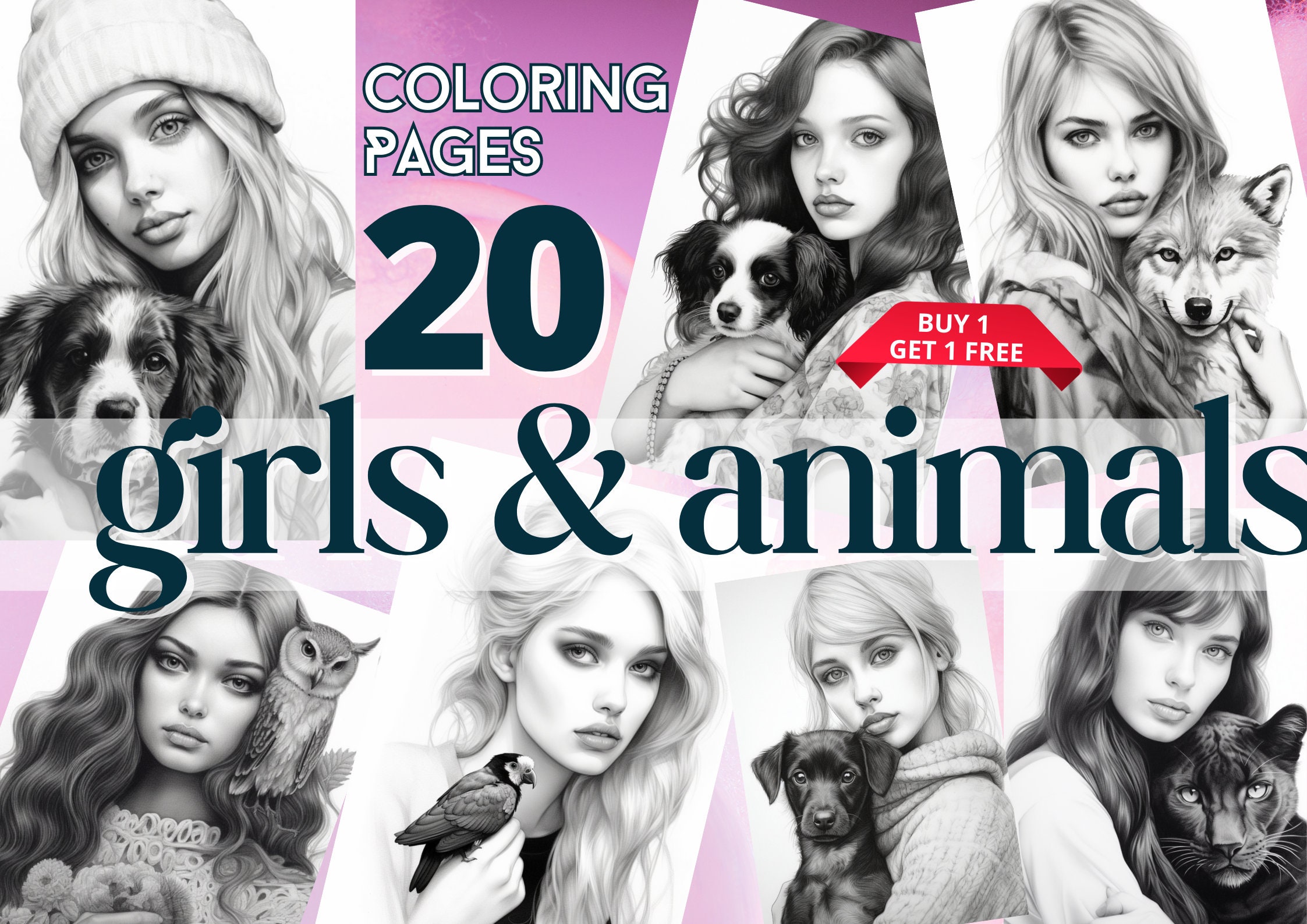Girls and Animals 20 Coloring Pages for Adults Coloring Book - Etsy
