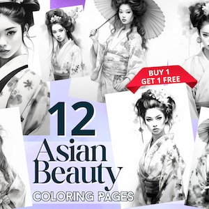 Beautiful Asian Girls - 12  Coloring Pages for adults - Geisha - Coloring Book Digital Print