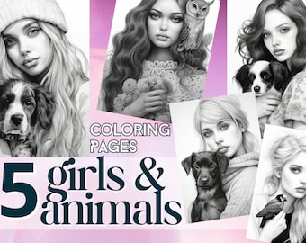 Girls and Animals -  5 Coloring Pages for adults - Coloring Book Digital Print