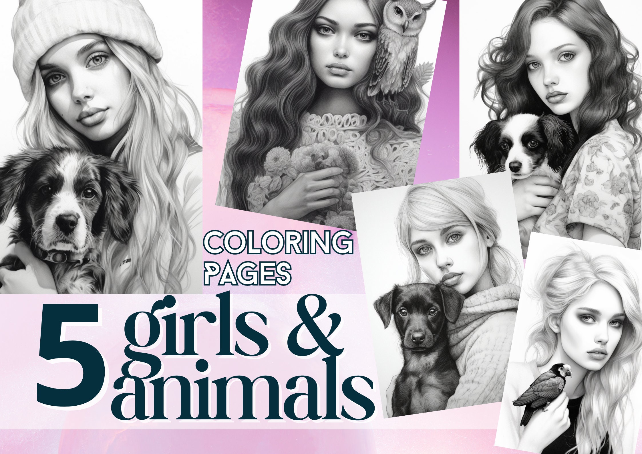 Girls and Animals 5 Coloring Pages for Adults Coloring Book Digital ...