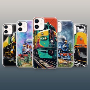 May include: Set of five phone cases featuring colourful illustrations of vintage steam locomotives. Each case has a different design with a unique colour scheme and details.