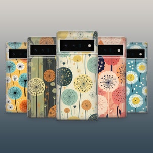 Puede incluir: Cinco fundas de teléfono diferentes con diseños de dientes de león. Las fundas son todas negras y tienen una variedad de colores y patrones. Los diseños incluyen amarillo, naranja, azul, verde, rosa y blanco.