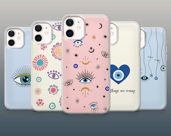 Étui pour téléphone Evil Eye Symbole Talisman pour iPhone 15, 14, 13, 12, 11, Xr Samsung S23, S22, S21FE, A54, A34, A14, Pixel 8Pro, 7A, 7Pro, 6A