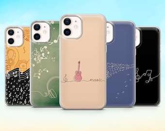 Funda de teléfono con notas musicales y diseño de guitarra para iPhone 16, 15 Plus, 14, 13, 12, Samsung S24 Ultra, S23 FE, S22, A15, A14, Pixel 9Pro XL, 8Pro, 7A, 6A