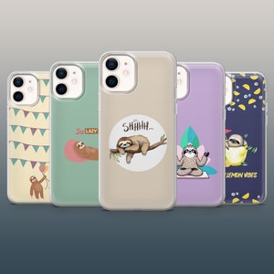 May include: Five different phone cases featuring sloths in various poses. The cases are clear and show the phone's camera lens. The designs include a sloth sleeping, a sloth saying "Shhhh...", a sloth with a balloon, a sloth saying "So Lazy", and a sloth doing yoga.