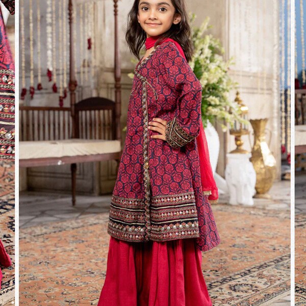 Maria B Original NWT Girls Eid Khaddar  Embroidered Semi Formal Outfit Gharara 3 PC 8-10, 10-12, 12-14 Sizes