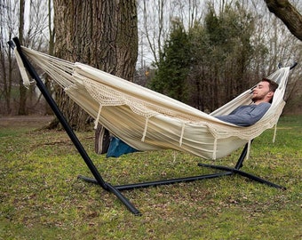 Double Deluxe Brazilian Cotton Fringe Hammock with Space Saving Steel Stand, (450 lb Capacity - Premium Carry Bag Included)