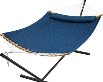 2 Person Heavy Duty Hammock with Padded Cotton, Detachable Pillow,  Strong Curved-Bar & Portable Carrying Bag, Backyard, Patio Furniture