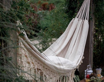 Double Sized Boho Macrame Cream Hammock with Elegant Tassels and Fishtail Knitting 485Lbs Includes Tie Ropes and White Drawstring Bag