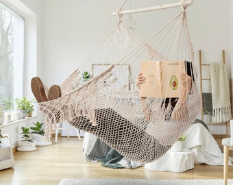 Hammock Chair Max 330 LBS Macrame Hanging Chair with Portable Metal Rod Handwoven Cotton Rope Hammock Swing for Bedroom Beige, Large