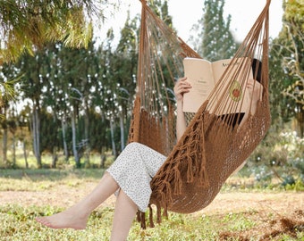 Hammock Chair Max 330 LBS Macrame Hanging Chair with Portable Metal Rod Handwoven Cotton Rope Hammock Swing for Bedroom Coffee, Large