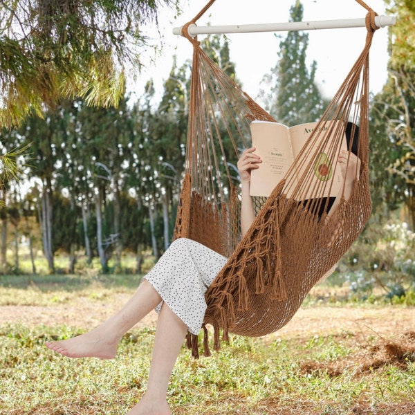 Hammock Chair Max 330 LBS Macrame Hanging Chair with Portable Metal Rod Handwoven Cotton Rope Hammock Swing for Bedroom Coffee, Large