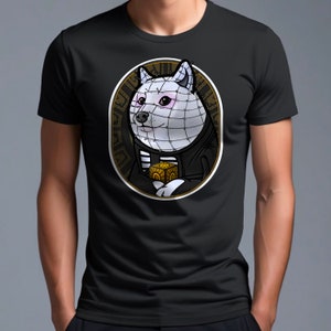 May include: Black t-shirt with a graphic of a Shiba Inu dog wearing a black leather jacket and a white mask with a grid pattern. The dog is holding a small box with a grid pattern.