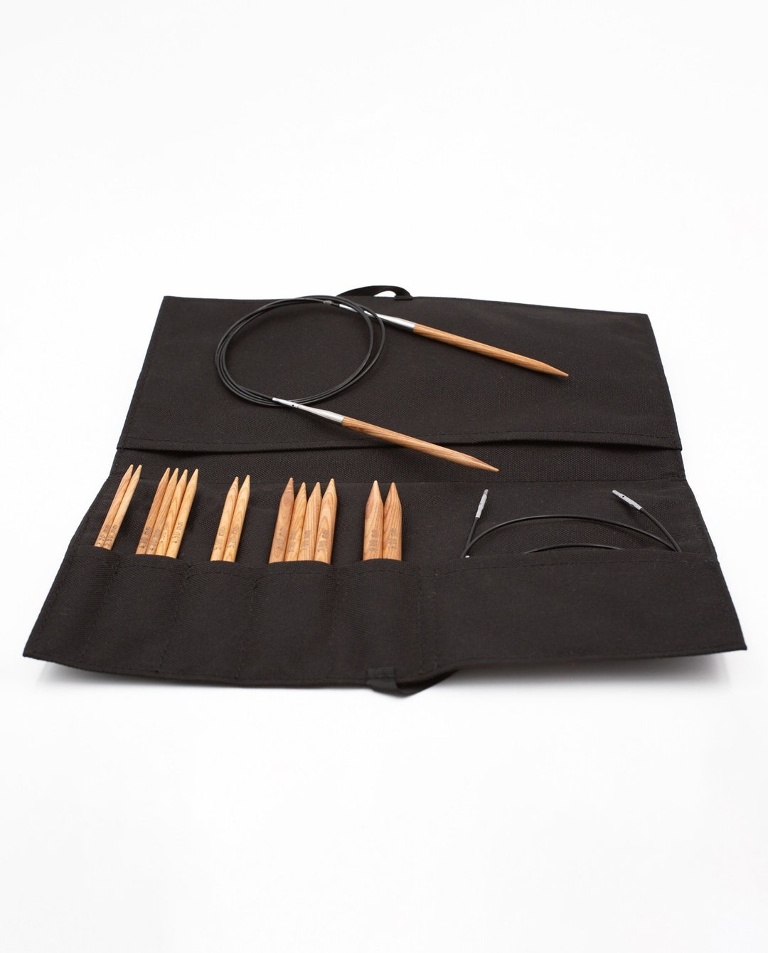 Lykke Indigo 5.5, 6.5 & 7.5 Inch Long Interchangeable Knitting Needles Birch Wood US Sizes US Sizes 7, 8, 9, 10, 10.5, 11, 13, 15, 17 With 5 Cords, Connectors, Keys, Azure Denim Case, Project Bag