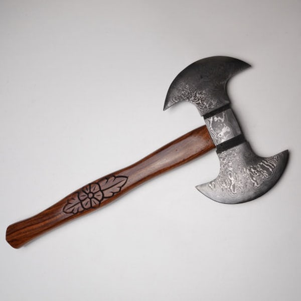 Damascus steel double head axe, engraved handle, handmade axe