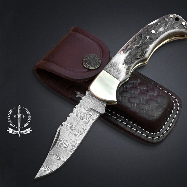 Pocket Folding Knife gift for groomsmen, Damascus Steel knife stag horn handle, Beautiful folding Camping Knife gift, Christmas gift for her